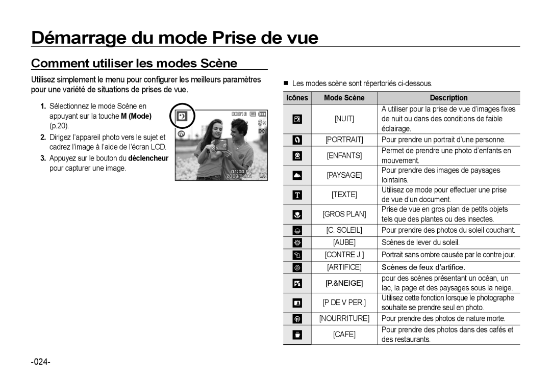 Samsung EC-I8ZZZWBA/FR, EC-I8ZZZPBA/E2, EC-I8ZZZWBA/E3 manual Comment utiliser les modes Scène, 024, Nuit, Portrait, Soleil 