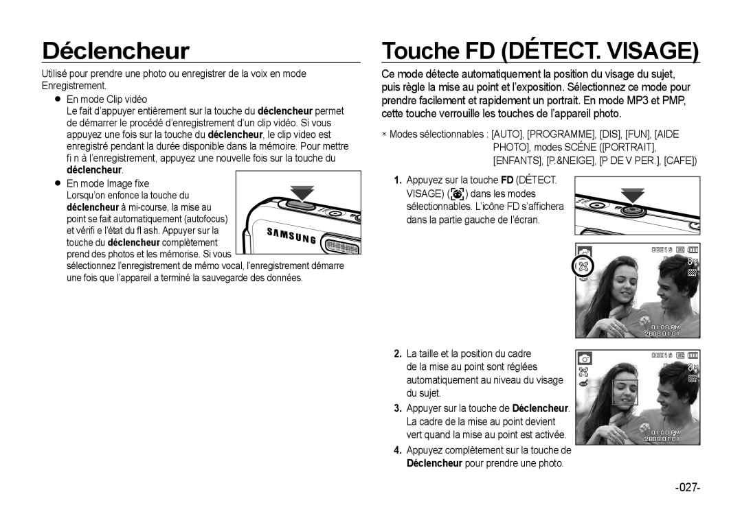 Samsung EC-I8ZZZPBA/E3, EC-I8ZZZPBA/E2 manual Déclencheur, Touche FD DÉTECT. Visage, 027, Appuyez sur la touche FD Détect 