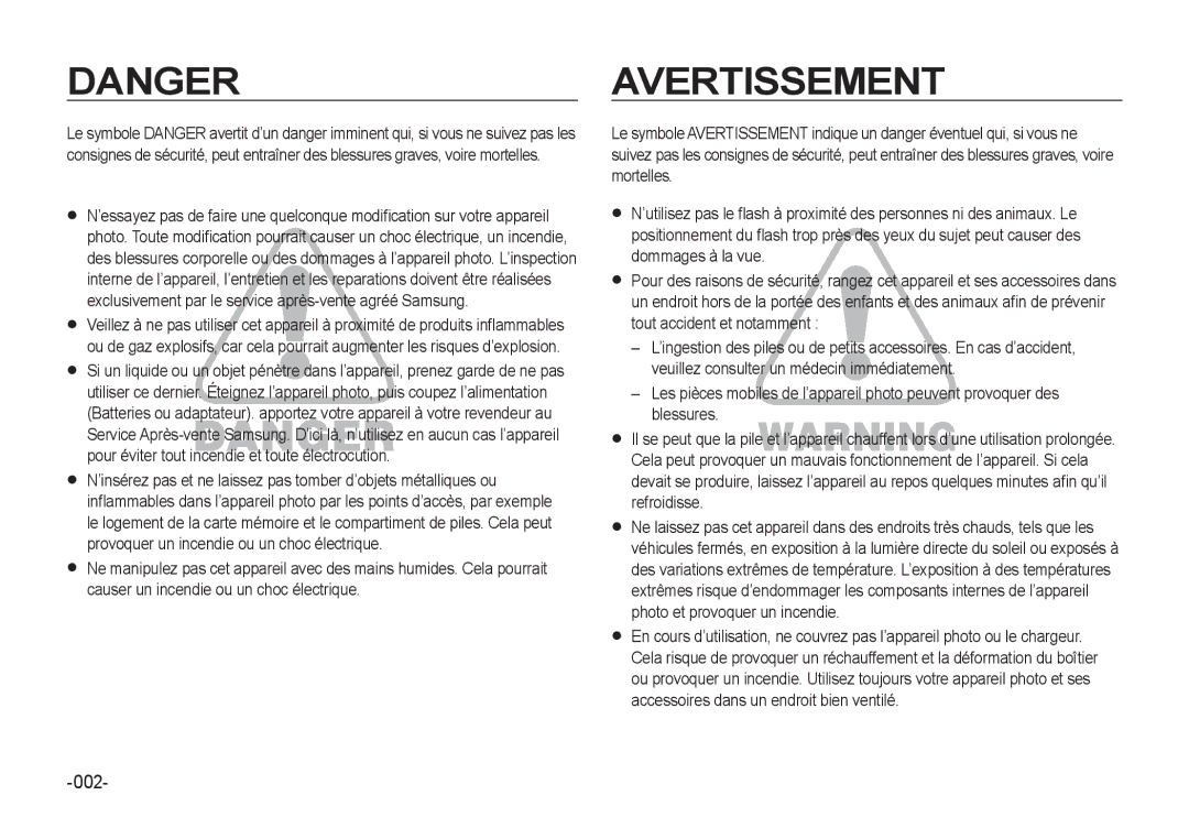 Samsung EC-I8ZZZBBA/E3, EC-I8ZZZPBA/E2, EC-I8ZZZWBA/E3, EC-I8ZZZPBA/GB, EC-I8ZZZPBB/FR, EC-I8ZZZUBA/E3 manual Avertissement, 002 