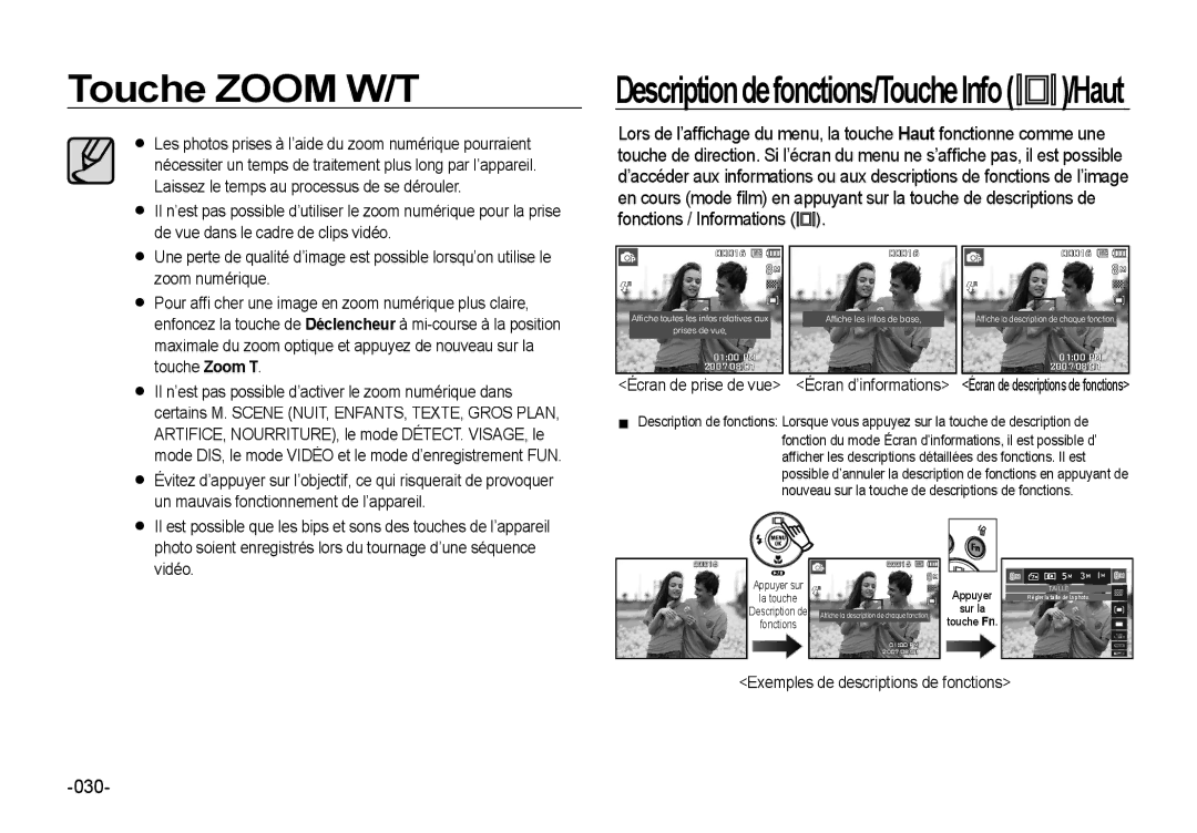 Samsung EC-I8ZZZUBA/E2, EC-I8ZZZPBA/E2 Descriptiondefonctions/ToucheInfo /Haut, 030, Exemples de descriptions de fonctions 