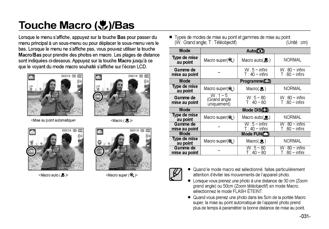 Samsung EC-I8ZZZBBB/FR manual Touche Macro /Bas, Types de modes de mise au point et gammes de mise au point, 031, Mode 