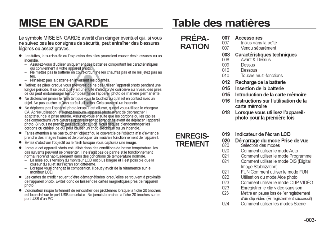 Samsung EC-I8ZZZPBB/FR, EC-I8ZZZPBA/E2, EC-I8ZZZWBA/E3 manual Table des matières, 003, 020 Démarrage du mode Prise de vue 