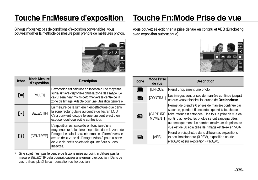 Samsung EC-I8ZZZPBB/FR, EC-I8ZZZPBA/E2, EC-I8ZZZWBA/E3, EC-I8ZZZPBA/GB, EC-I8ZZZBBA/E3 manual Touche FnMode Prise de vue, 039 