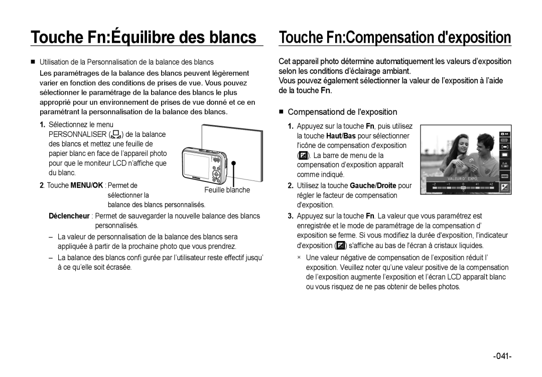 Samsung EC-I8ZZZWBA/GB, EC-I8ZZZPBA/E2, EC-I8ZZZWBA/E3 manual 041, Sélectionner la, Balance des blancs personnalisés 