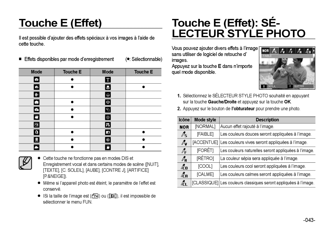 Samsung EC-I8ZZZWBA/E2, EC-I8ZZZPBA/E2, EC-I8ZZZWBA/E3 manual Touche E Effet SÉ, 043, Icône Mode style Description 