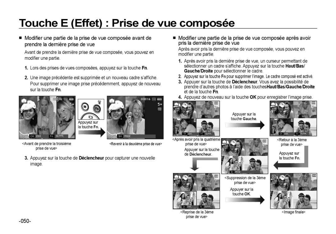 Samsung EC-I8ZZZUBB/FR, EC-I8ZZZPBA/E2 manual Gauche/Droite pour sélectionner le cadre, Et de la touche Fn, De Déclencheur 