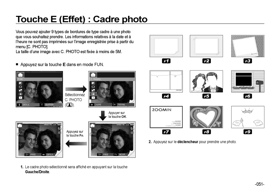 Samsung EC-I8ZZZBBA/E2, EC-I8ZZZPBA/E2, EC-I8ZZZWBA/E3, EC-I8ZZZPBA/GB manual Touche E Effet Cadre photo, 051, Sélectionnez 