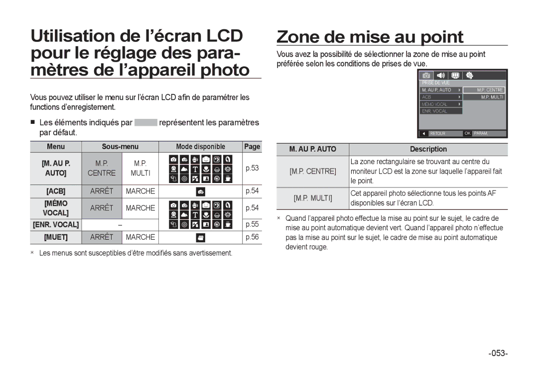 Samsung EC-I8ZZZPBA/E2, EC-I8ZZZWBA/E3 manual 053, Mode disponible, La zone rectangulaire se trouvant au centre du, Le point 