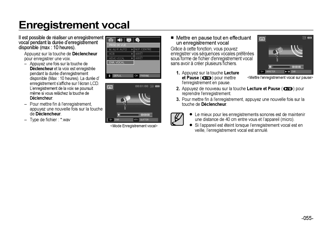 Samsung EC-I8ZZZPBA/GB Enregistrement vocal, Mettre en pause tout en effectuant Un enregistrement vocal, 055, Et Pause 