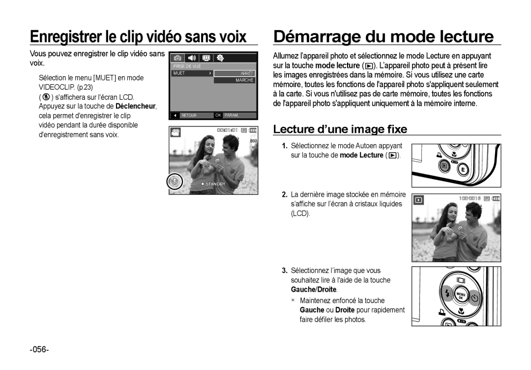 Samsung EC-I8ZZZBBA/E3 Démarrage du mode lecture, Lecture d’une image ﬁxe, Vous pouvez enregistrer le clip vidéo sans voix 