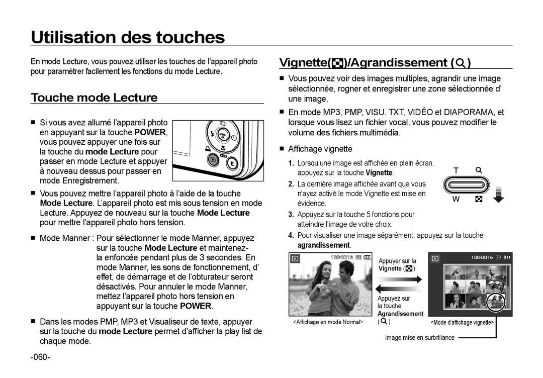 Samsung EC-I8ZZZWBA/FR, EC-I8ZZZPBA/E2 manual Utilisation des touches, Touche mode Lecture, Vignette /Agrandissement 