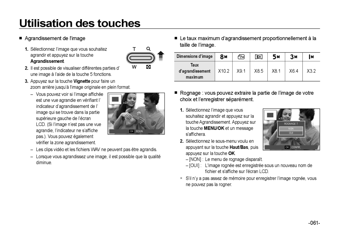 Samsung EC-I8ZZZWBA/E2, EC-I8ZZZPBA/E2, EC-I8ZZZWBA/E3, EC-I8ZZZPBA/GB, EC-I8ZZZBBA/E3 manual Agrandissement de limage, 061 