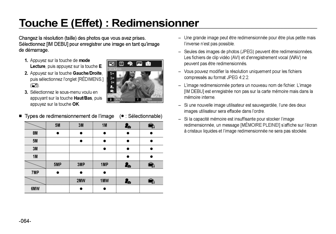 Samsung EC-I8ZZZUBA/FR manual Touche E Effet Redimensionner, Types de redimensionnement de l’image Sélectionnable, 064 