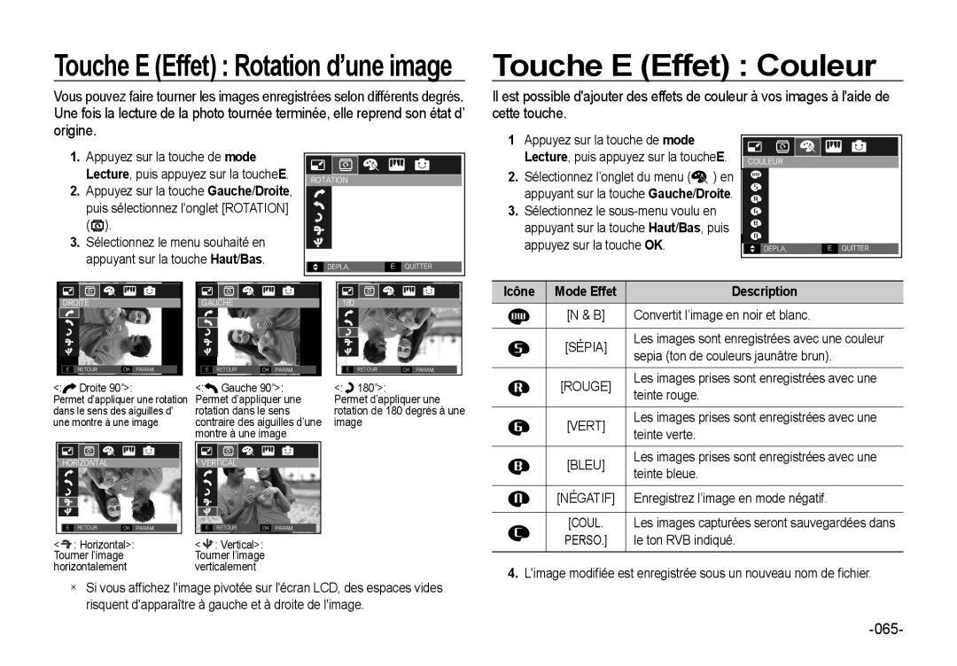 Samsung EC-I8ZZZPBA/FR, EC-I8ZZZPBA/E2, EC-I8ZZZWBA/E3, EC-I8ZZZPBA/GB, EC-I8ZZZBBA/E3 manual Touche E Effet Couleur, 065 