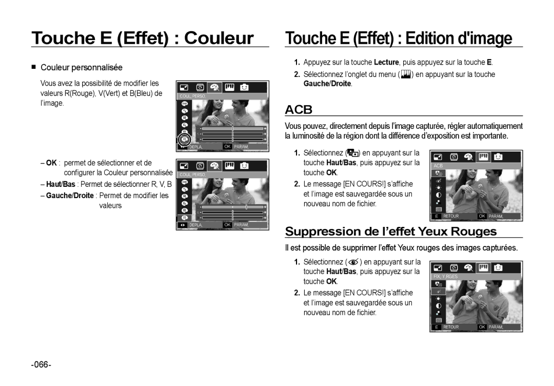 Samsung EC-I8ZZZUBA/E2 manual Suppression de l’effet Yeux Rouges, Couleur personnalisée, 066, Nouveau nom de ﬁchier 