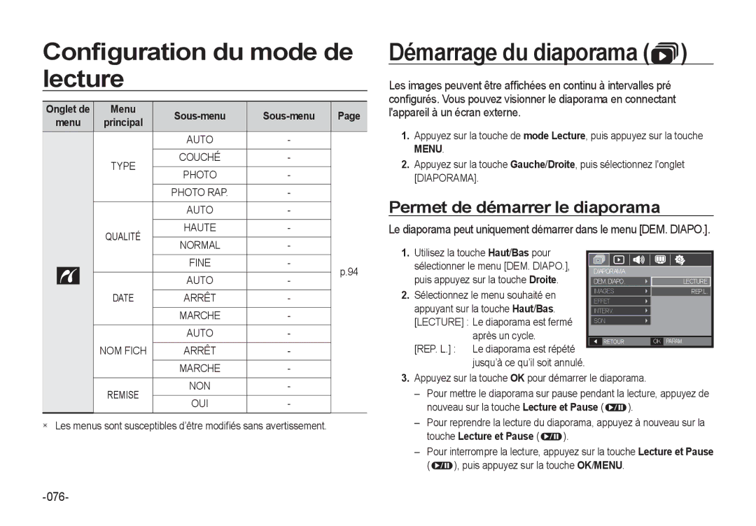 Samsung EC-I8ZZZUBA/E3, EC-I8ZZZPBA/E2, EC-I8ZZZWBA/E3 manual Démarrage du diaporama, Permet de démarrer le diaporama, 076 