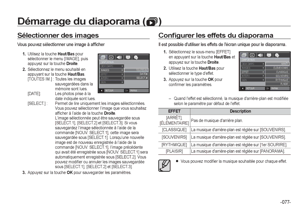 Samsung EC-I8ZZZWBA/GB, EC-I8ZZZPBA/E2, EC-I8ZZZWBA/E3 manual Sélectionner des images, Conﬁgurer les effets du diaporama, 077 