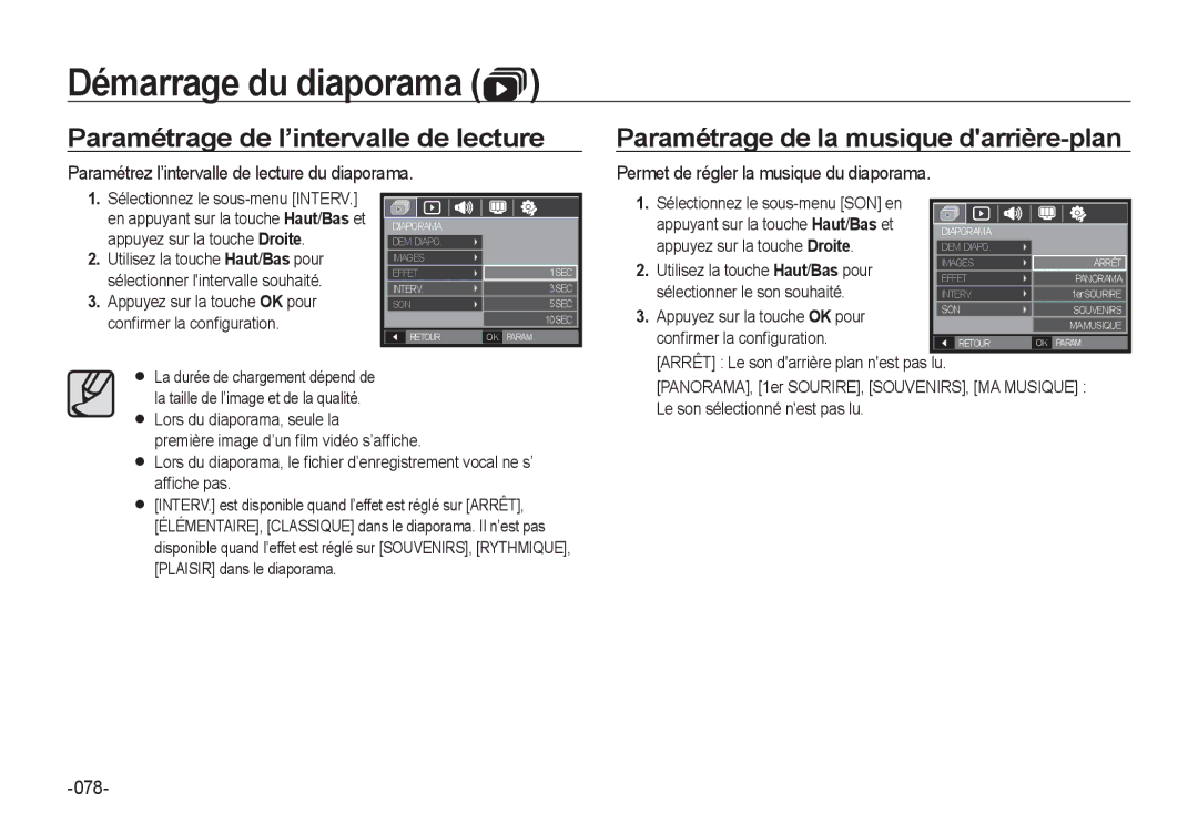 Samsung EC-I8ZZZWBA/FR manual Paramétrage de l’intervalle de lecture, Paramétrage de la musique darrière-plan, 078 