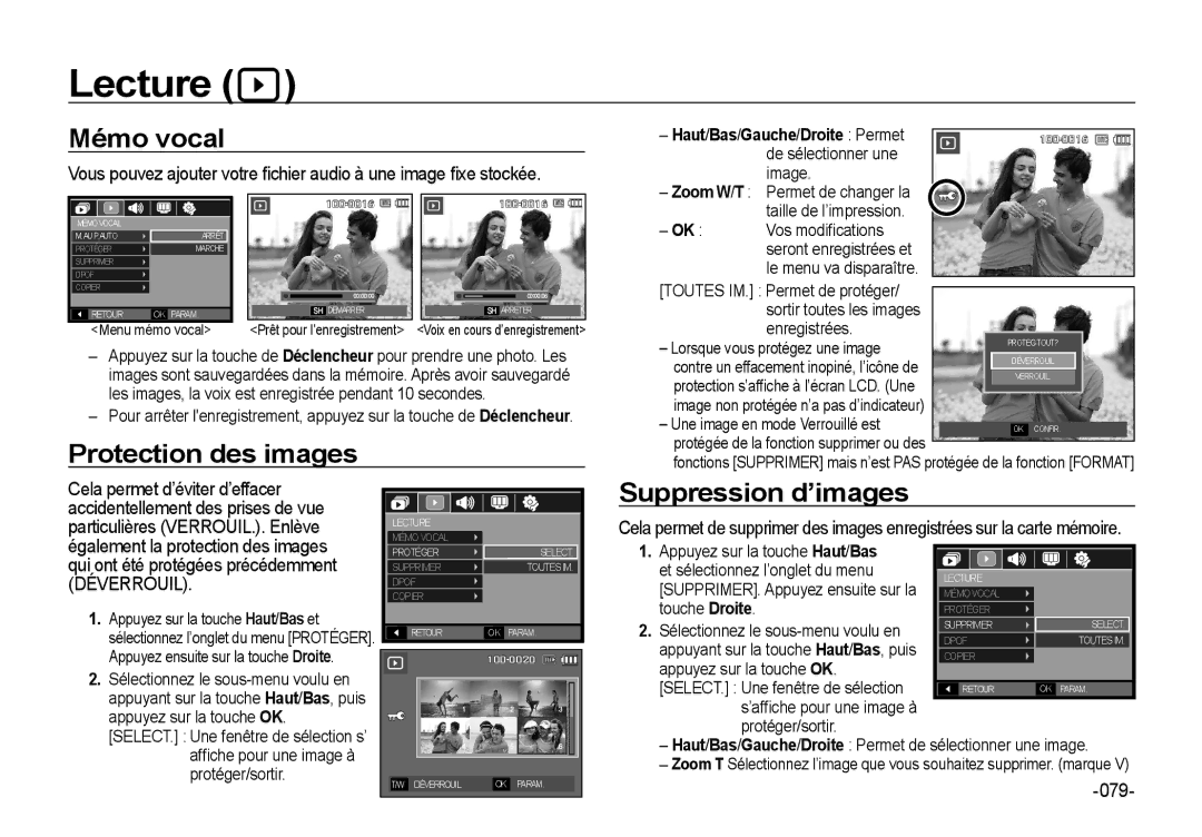 Samsung EC-I8ZZZWBA/E2, EC-I8ZZZPBA/E2 manual Lecture, Mémo vocal, Protection des images, Suppression d’images, 079 