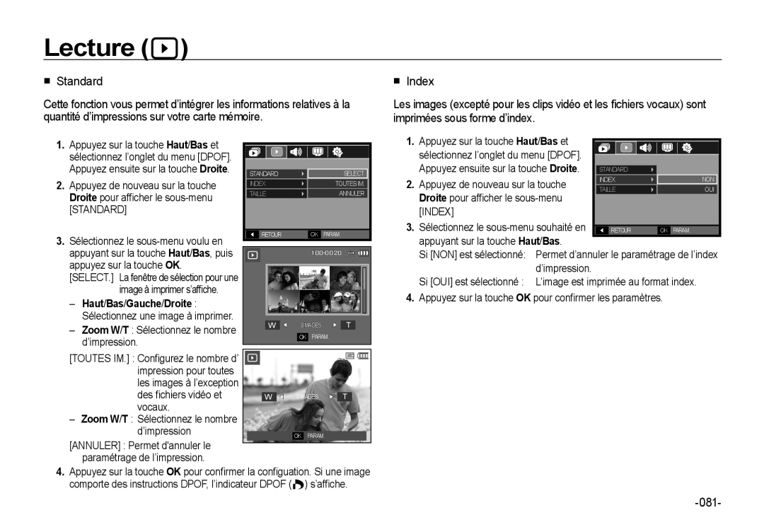 Samsung EC-I8ZZZPBA/E3, EC-I8ZZZPBA/E2, EC-I8ZZZWBA/E3, EC-I8ZZZPBA/GB manual Standard, 081, Index, Haut/Bas/Gauche/Droite 