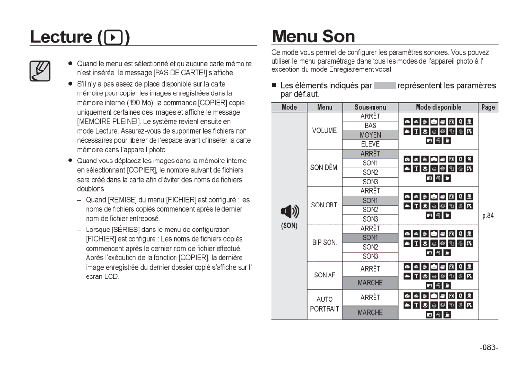 Samsung EC-I8ZZZPBA/FR, EC-I8ZZZPBA/E2, EC-I8ZZZWBA/E3, EC-I8ZZZPBA/GB, EC-I8ZZZBBA/E3 manual Menu Son, Mode disponible 