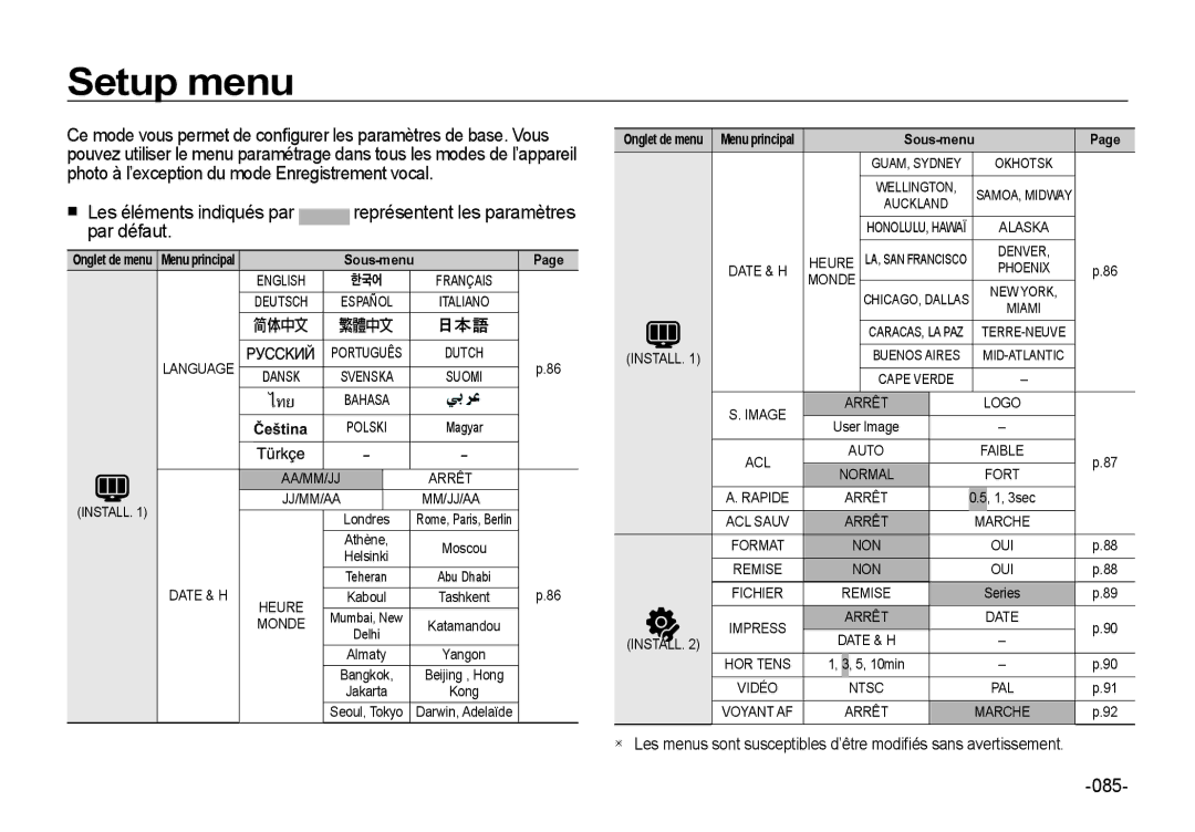 Samsung EC-I8ZZZBBB/FR, EC-I8ZZZPBA/E2, EC-I8ZZZWBA/E3, EC-I8ZZZPBA/GB, EC-I8ZZZBBA/E3 manual Setup menu, Par défaut, 085 