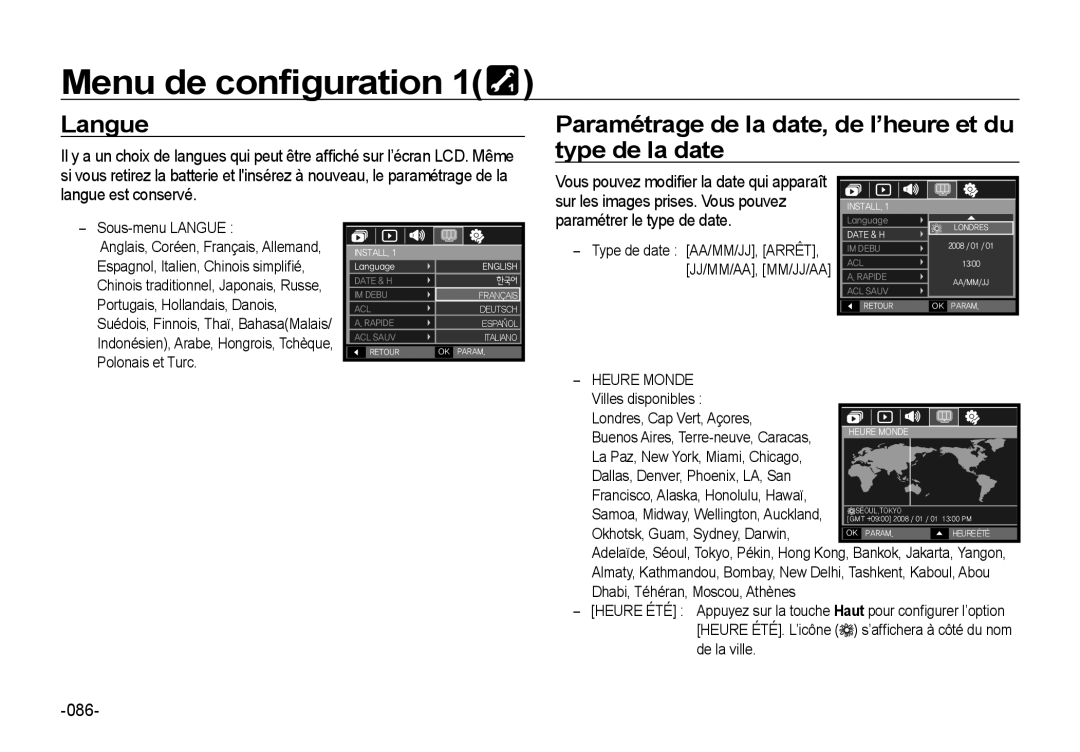 Samsung EC-I8ZZZUBB/FR manual Menu de conﬁguration, Langue Paramétrage de la date, de l’heure et du, Type de la date 