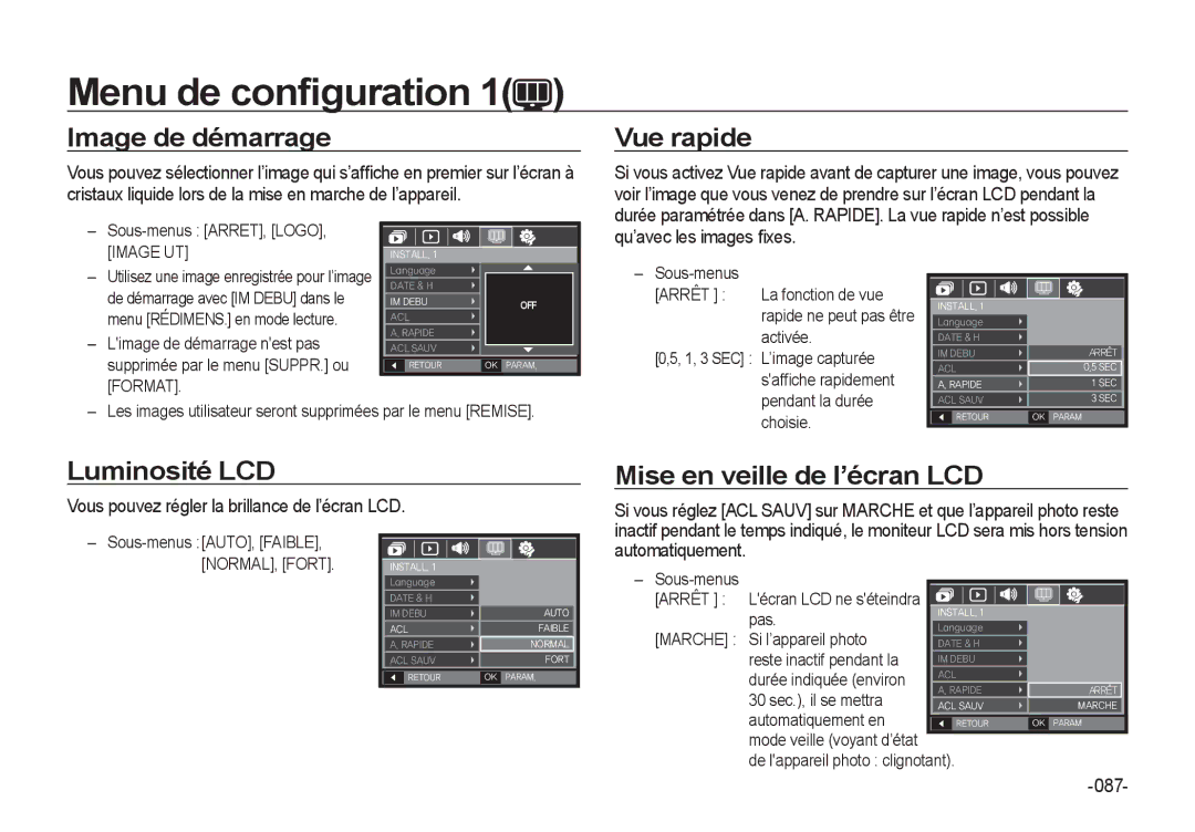 Samsung EC-I8ZZZBBA/E2, EC-I8ZZZPBA/E2 manual Image de démarrage Vue rapide, Luminosité LCD, Mise en veille de l’écran LCD 