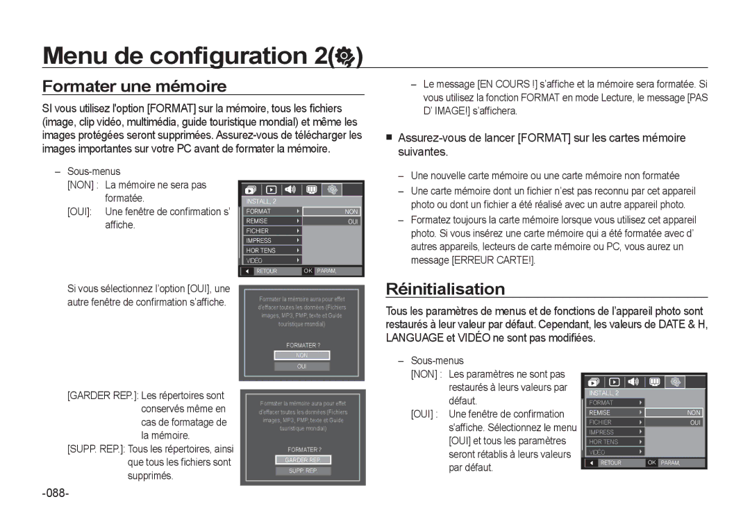 Samsung EC-I8ZZZWBB/FR, EC-I8ZZZPBA/E2, EC-I8ZZZWBA/E3, EC-I8ZZZPBA/GB manual Formater une mémoire, Réinitialisation, 088 