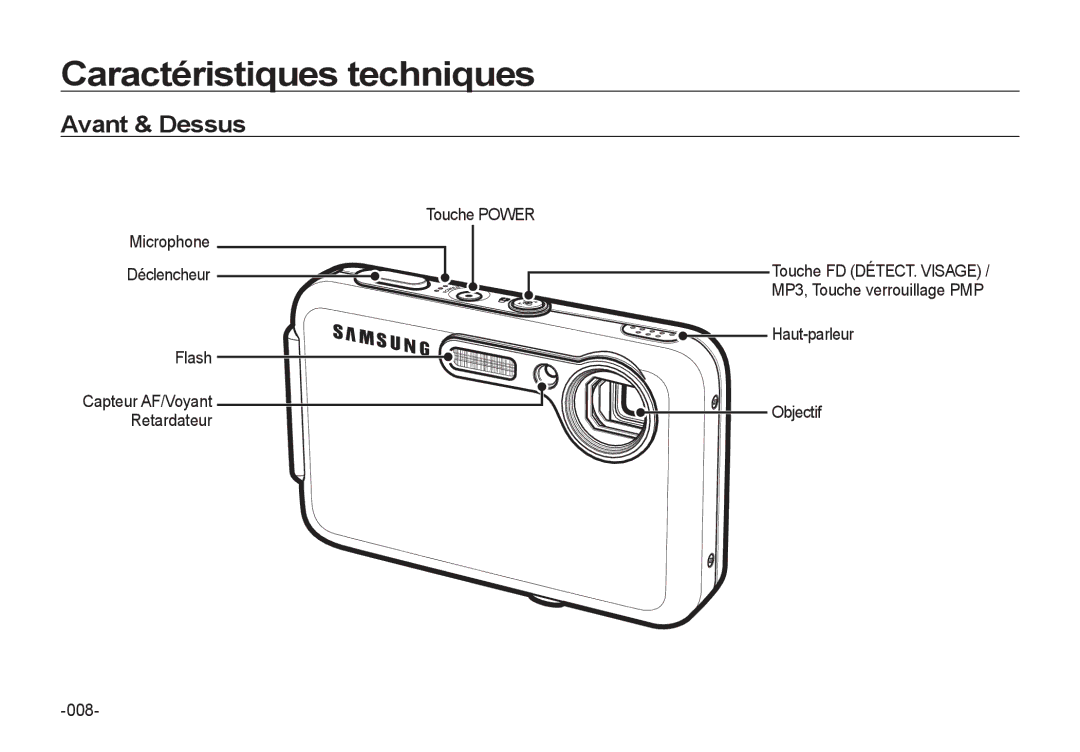 Samsung EC-I8ZZZBBA/FR, EC-I8ZZZPBA/E2 manual Caractéristiques techniques, Avant & Dessus, Haut-parleur Objectif 008 