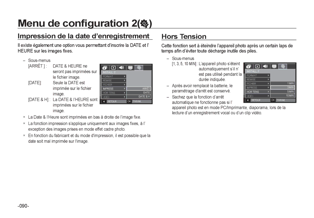 Samsung EC-I8ZZZWBA/E3, EC-I8ZZZPBA/E2, EC-I8ZZZPBA/GB manual Impression de la date d’enregistrement, Hors Tension, 090 