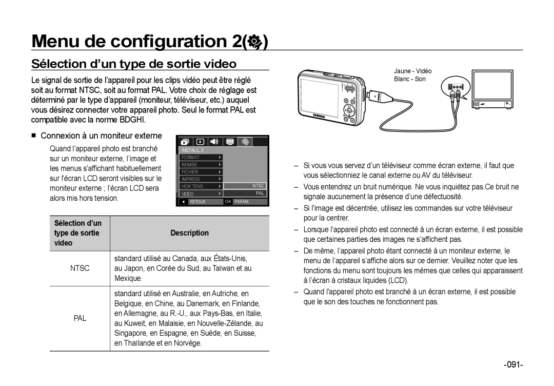 Samsung EC-I8ZZZPBA/GB, EC-I8ZZZPBA/E2 manual Sélection d’un type de sortie video, Connexion à un moniteur externe, 091 