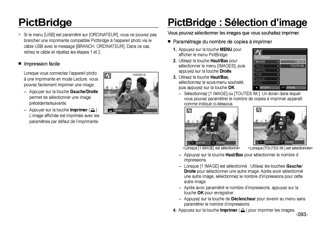 Samsung EC-I8ZZZPBB/FR, EC-I8ZZZPBA/E2 manual PictBridge Sélection d’image, Impression facile, Afﬁcher le menu PictBridge 