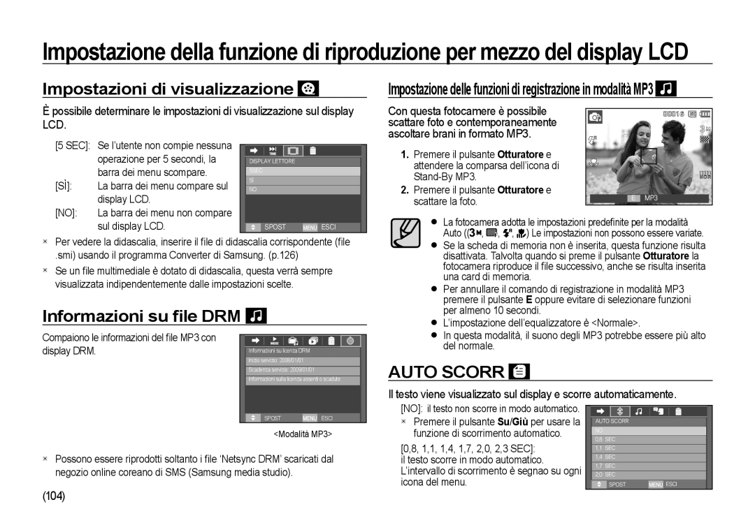 Samsung EC-I8ZZZWBA/E1, EC-I8ZZZWBA/E3 manual Impostazioni di visualizzazione, Informazioni su ﬁle DRM, Auto Scorr, 104 