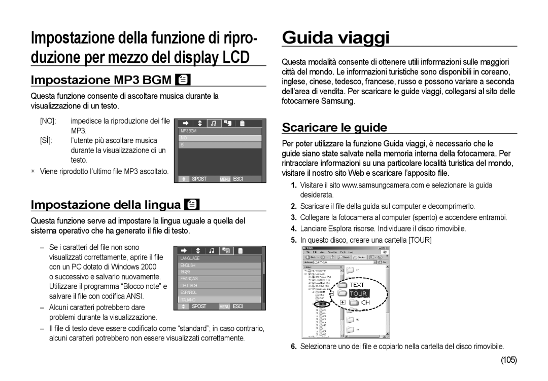 Samsung EC-I8ZZZPBA/IT manual Guida viaggi, Impostazione MP3 BGM, Scaricare le guide, Impostazione della lingua, 105 