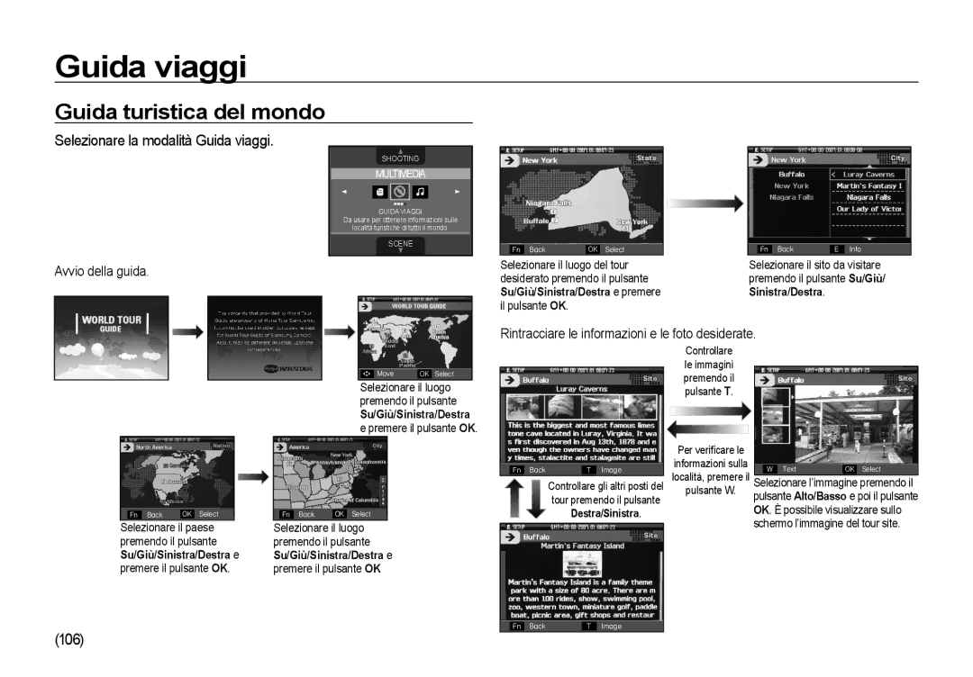 Samsung EC-I8ZZZPBA/E1 manual Guida turistica del mondo, Selezionare la modalità Guida viaggi, 106, Avvio della guida 