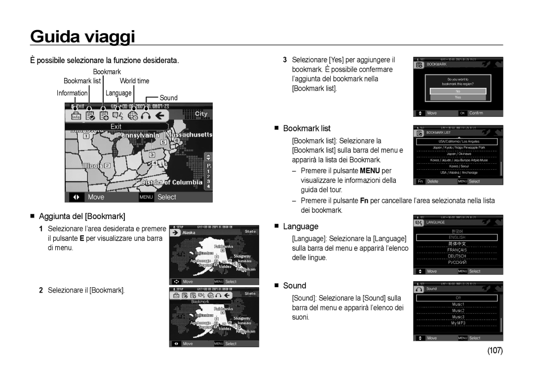 Samsung EC-I8ZZZBBB/E1 Possibile selezionare la funzione desiderata, Bookmark list, Aggiunta del Bookmark, Language, Sound 