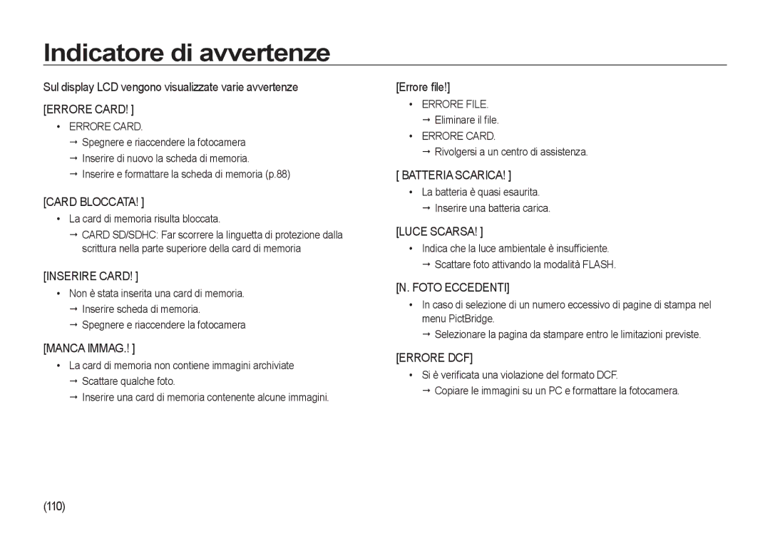 Samsung EC-I8ZZZWBC/E1 Indicatore di avvertenze, Sul display LCD vengono visualizzate varie avvertenze, Errore ﬁle, 110 