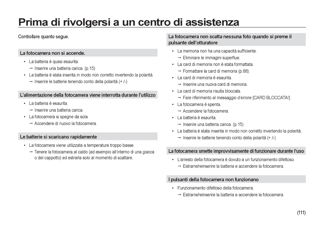 Samsung EC-I8ZZZWBA/E3, EC-I8ZZZBBA/E3 manual Prima di rivolgersi a un centro di assistenza, Controllare quanto segue, 111 