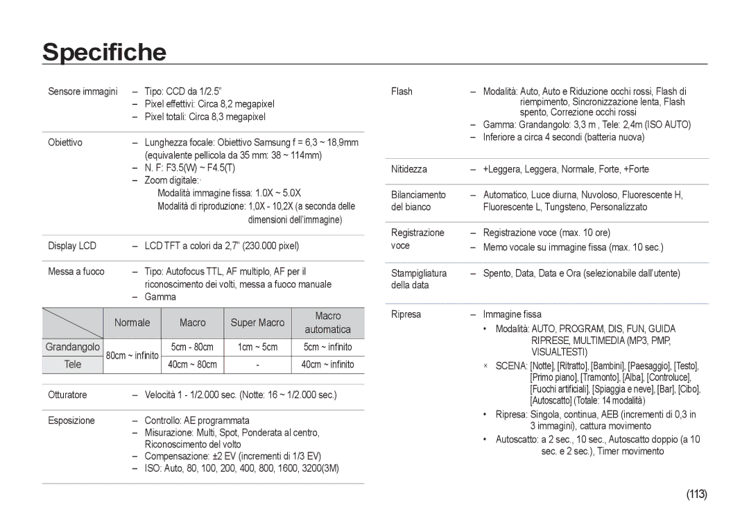 Samsung EC-I8ZZZUBA/E3, EC-I8ZZZWBA/E3, EC-I8ZZZBBA/E3, EC-I8ZZZPBA/E3, EC-I8ZZZUBC/E1, EC-I8ZZZBBA/E1 manual Speciﬁche, 113 