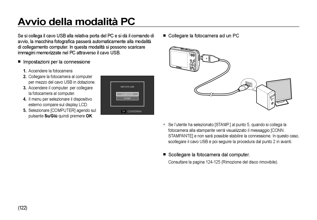 Samsung EC-I8ZZZPBA/E1, EC-I8ZZZWBA/E3, EC-I8ZZZBBA/E3 Avvio della modalità PC, Scollegare la fotocamera dal computer, 122 