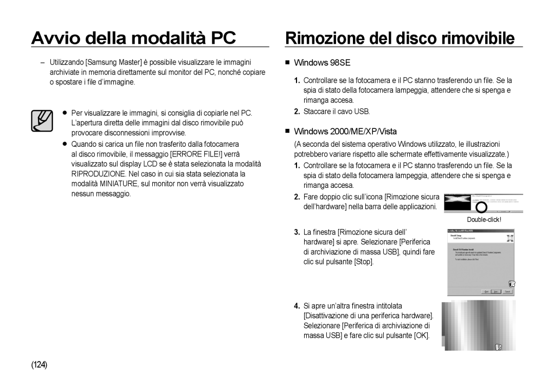 Samsung EC-I8ZZZPBB/E1, EC-I8ZZZWBA/E3 manual Rimozione del disco rimovibile, Windows 98SE, Windows 2000/ME/XP/Vista, 124 