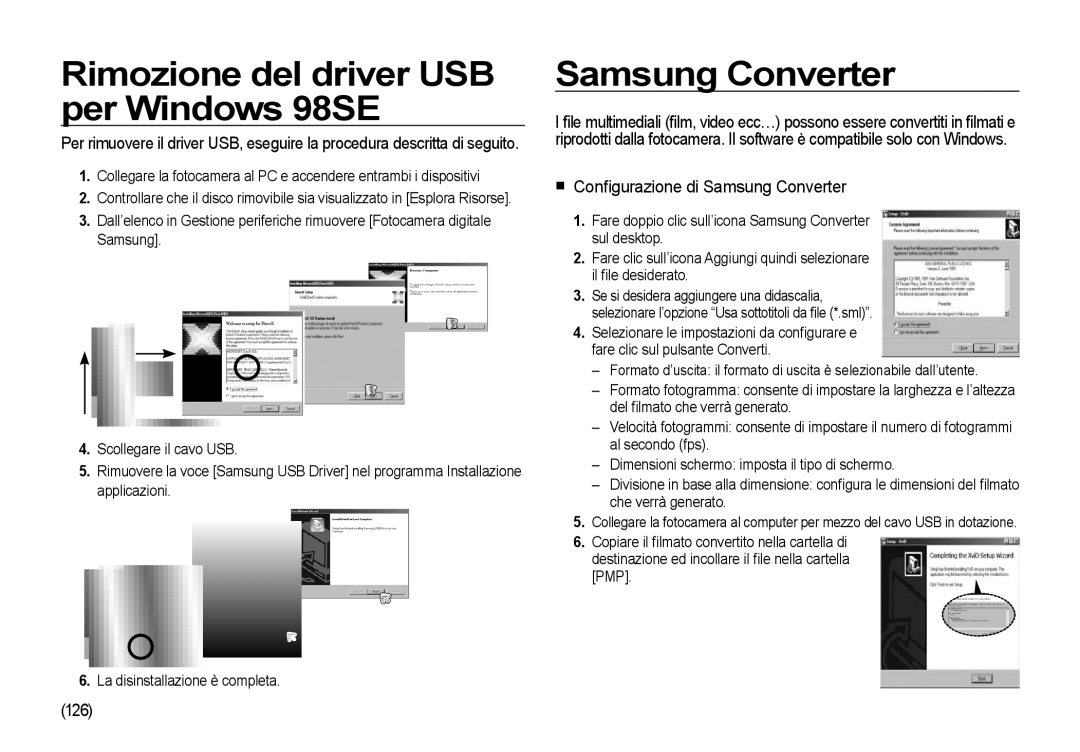 Samsung EC-I8ZZZWBC/E1 manual Rimozione del driver USB per Windows 98SE, Conﬁgurazione di Samsung Converter, 126 