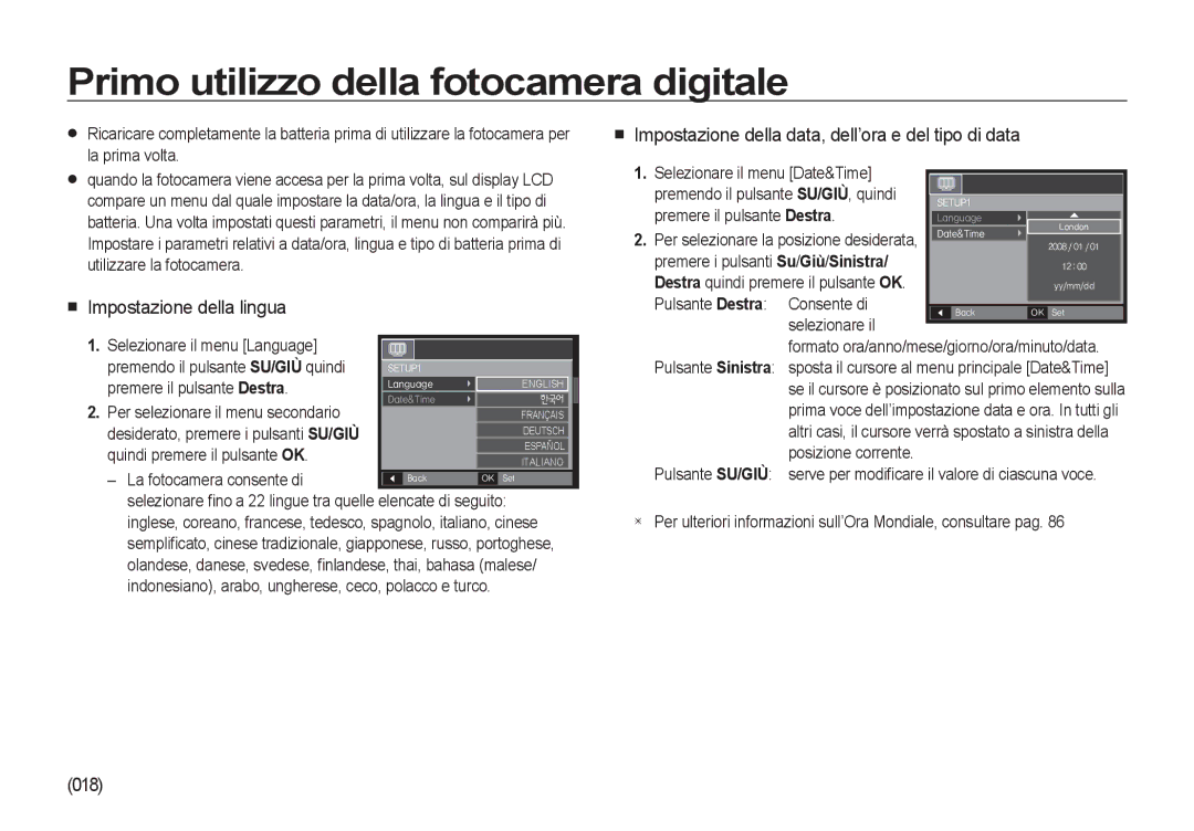 Samsung EC-I8ZZZPBA/E3, EC-I8ZZZWBA/E3 manual Primo utilizzo della fotocamera digitale, Impostazione della lingua, 018 