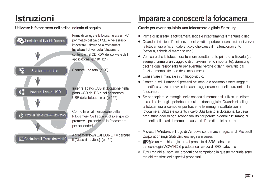 Samsung EC-I8ZZZUBA/E3, EC-I8ZZZWBA/E3 manual Istruzioni, Utilizzare la fotocamera nell’ordine indicato di seguito, 001 