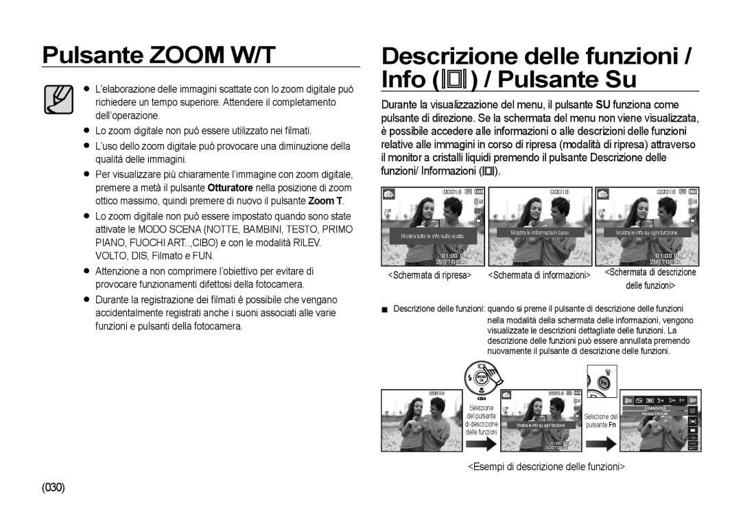 Samsung EC-I8ZZZWBC/E1, EC-I8ZZZWBA/E3, EC-I8ZZZBBA/E3, EC-I8ZZZUBA/E3 Descrizione delle funzioni / Info / Pulsante Su, 030 