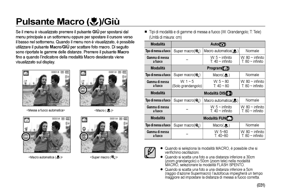 Samsung EC-I8ZZZWBA/E3, EC-I8ZZZBBA/E3, EC-I8ZZZUBA/E3, EC-I8ZZZPBA/E3 Pulsante Macro /Giù, Unità di misura cm, 031, Program 