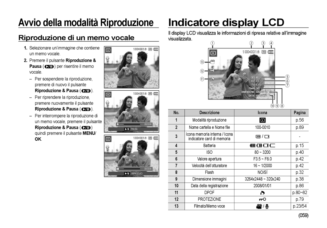 Samsung EC-I8ZZZBBB/E1, EC-I8ZZZWBA/E3, EC-I8ZZZBBA/E3 Riproduzione di un memo vocale, 059, Riproduzione & Pausa, No/Sì 