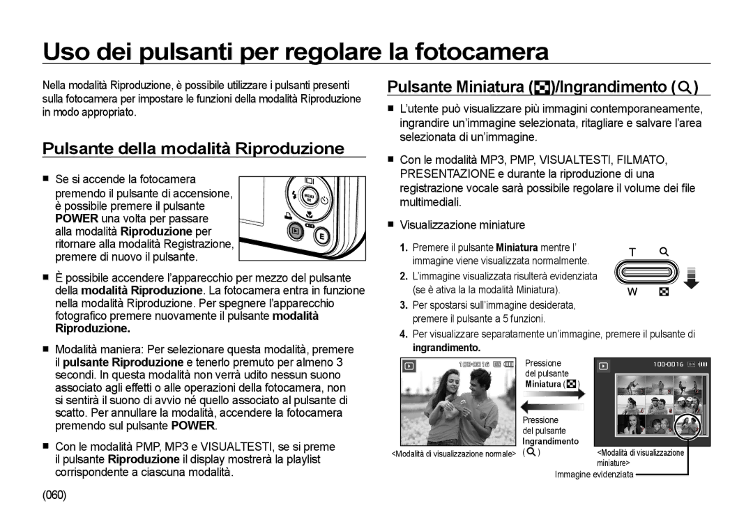 Samsung EC-I8ZZZPBB/E1 manual Uso dei pulsanti per regolare la fotocamera, Pulsante della modalità Riproduzione, 060 