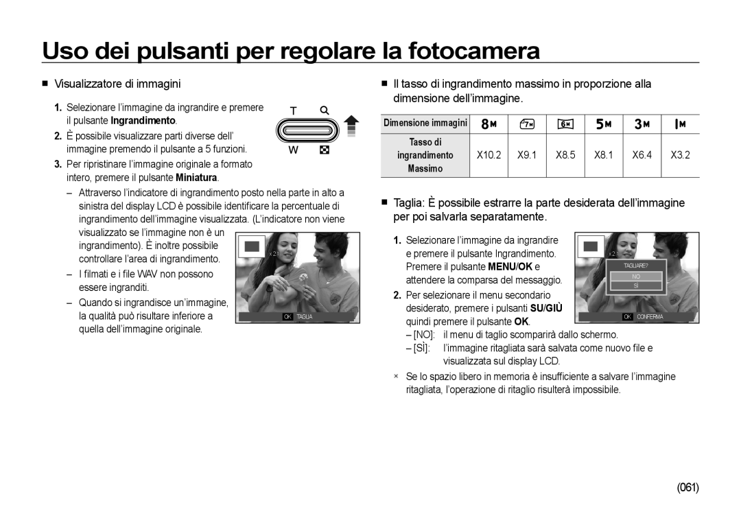 Samsung EC-I8ZZZBBA/IT Visualizzatore di immagini, 061, X10.2 X9.1 X8.5 X8.1 X6.4 X3.2, Premere il pulsante MENU/ OK e 